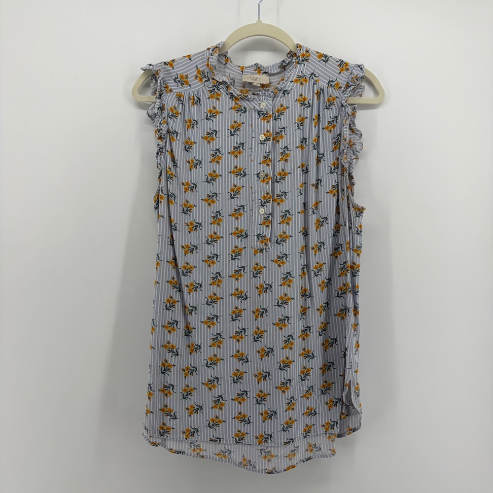LOFT Womens L Blue Striped Floral Sleeveless Henley Ruffle Mock Neck Blouse